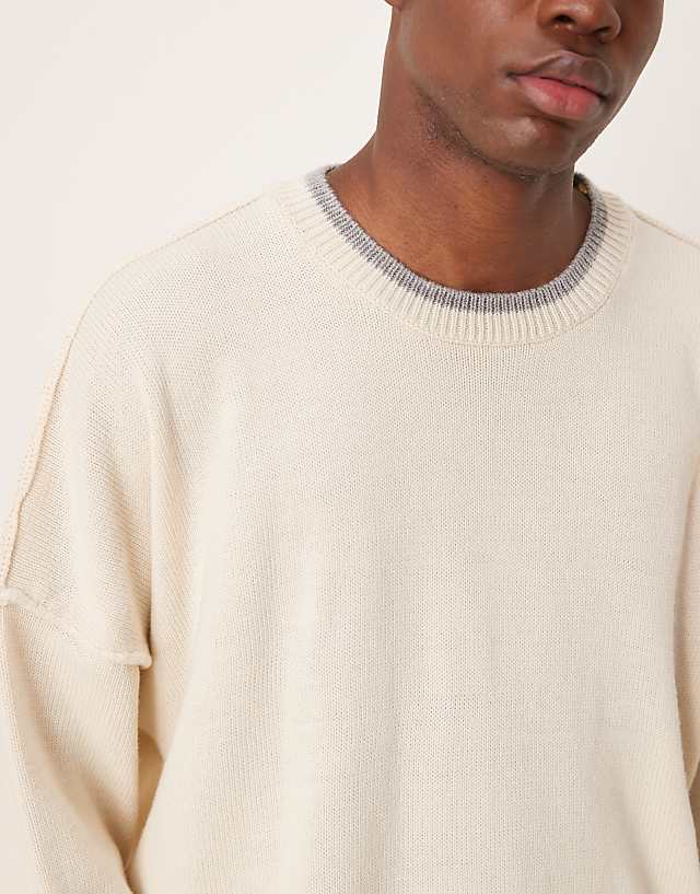 ASOS DESIGN Super Oversized Exposed Seams Knitted Fit Jumper In Beige With Grey Tipping