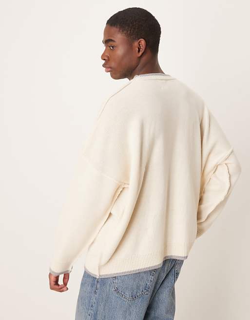ASOS DESIGN Super Oversized Exposed Seams Knitted Fit Jumper In Beige With Grey Tipping