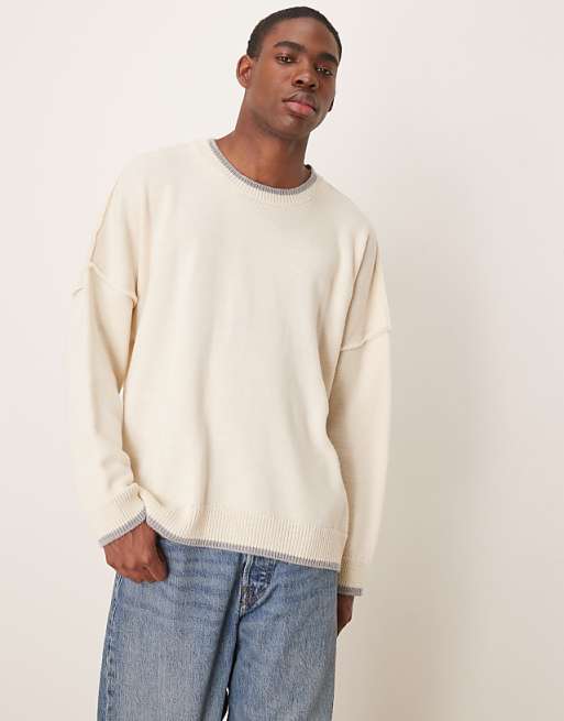 ASOS DESIGN super oversized exposed seams knitted fit jumper in beige with grey tipping