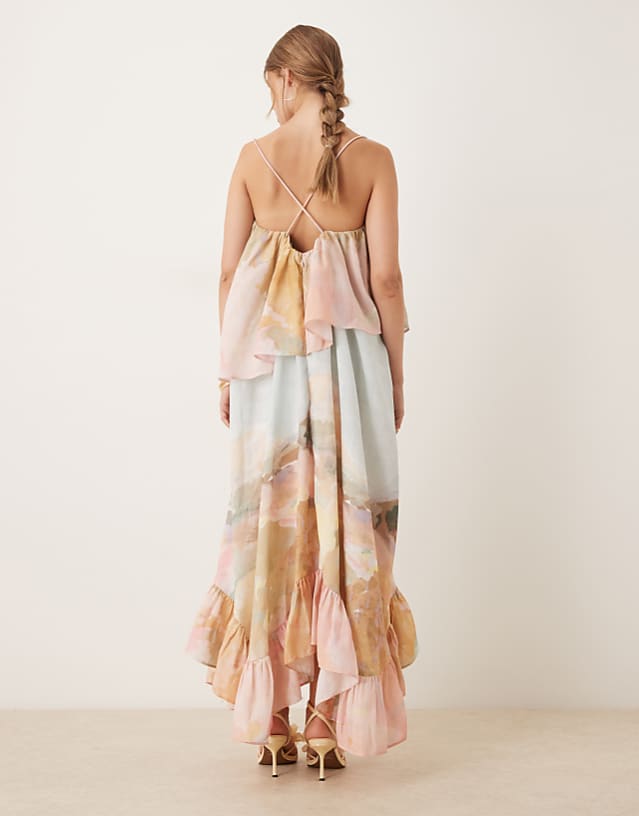 ASOS DESIGN Sweetheart Double Layer Volume Maxi Dress With Pephem In Landscape Floral Print
