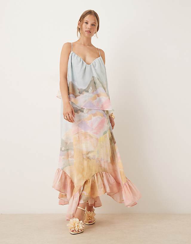 ASOS DESIGN sweetheart double layer volume maxi dress with pephem in landscape floral print