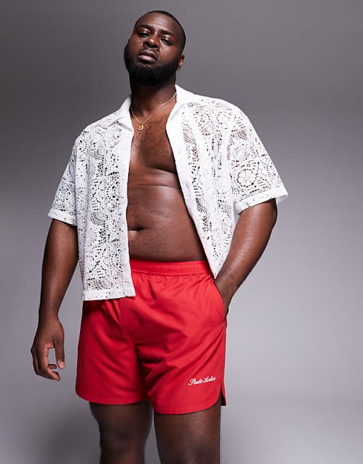 ASOS DESIGN Swim Shorts In Mid Length With Embroidery In Red