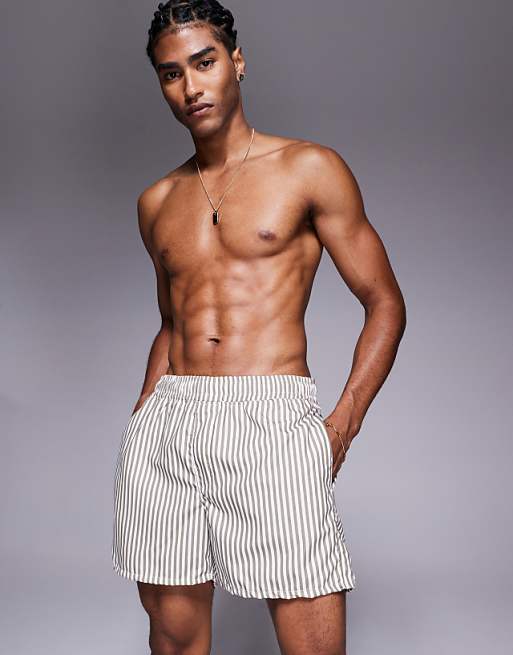 ASOS DESIGN swim shorts in short length in beige stripe