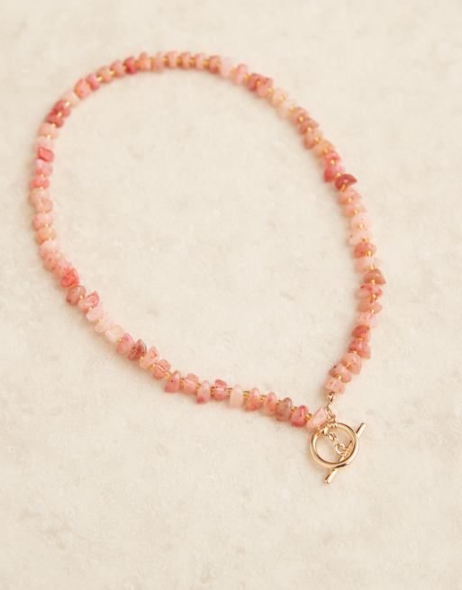 ASOS DESIGN T-Bar Necklace With Faux Semi Precious Chipping Detail In Gold Tone
