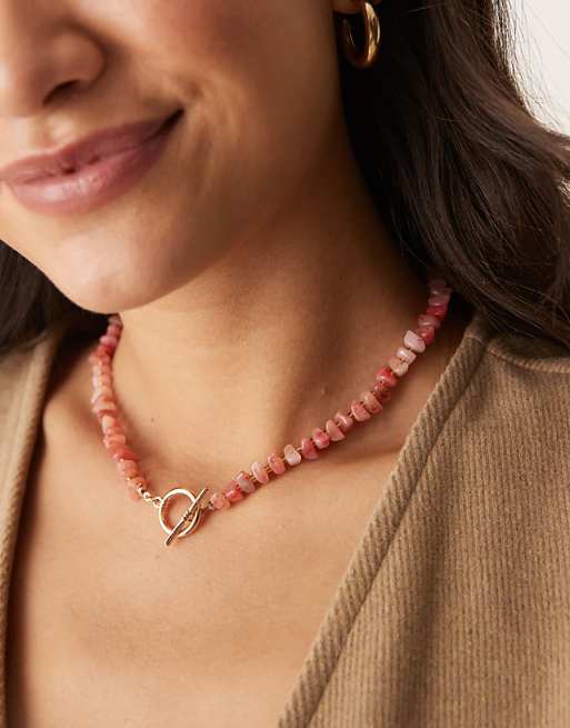 ASOS DESIGN T-Bar necklace with faux semi precious chipping detail in gold tone