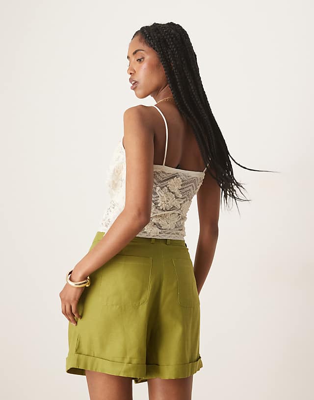 ASOS DESIGN Tailored Linen Look A-line Shorts With Pearl Detail In Olive