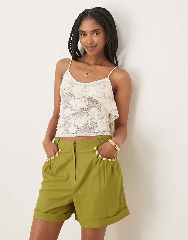 ASOS DESIGN Tailored Linen Look A-line Shorts With Pearl Detail In Olive