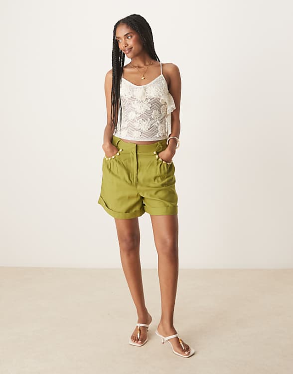 ASOS DESIGN tailored linen look a-line shorts with pearl detail in olive