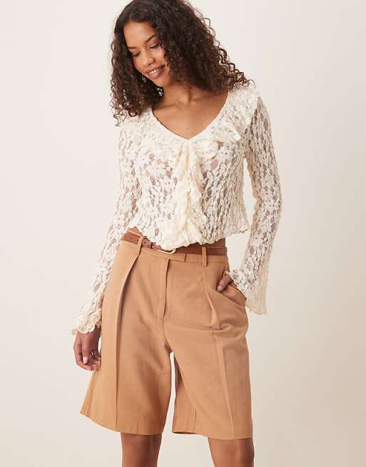 ASOS DESIGN Tailored Linen Look Longline City Shorts In Mocha