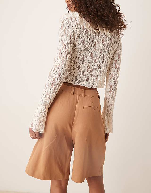 ASOS DESIGN Tailored Linen Look Longline City Shorts In Mocha