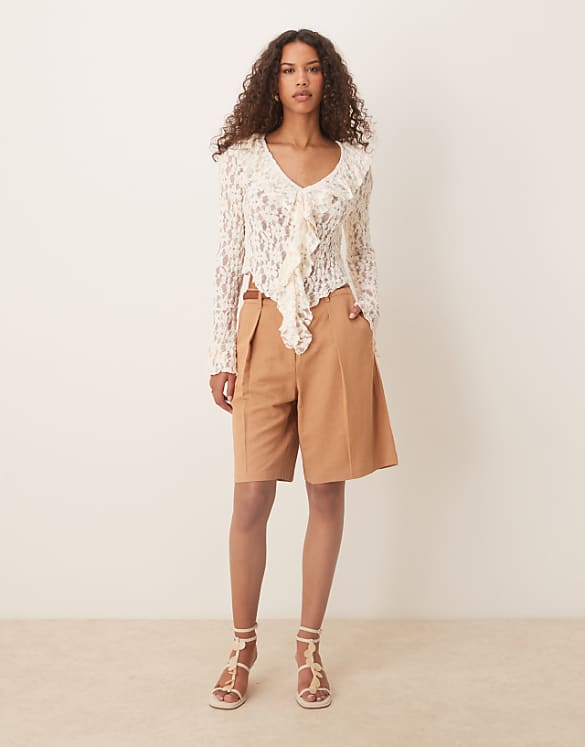 ASOS DESIGN Tailored Linen Look Longline City Shorts In Mocha