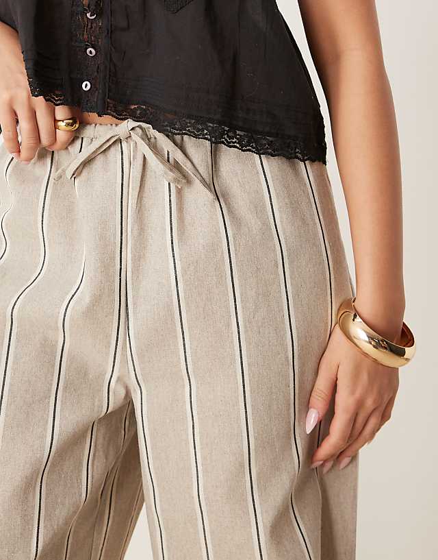 ASOS DESIGN Tailored Linen Look Wide Leg Pull On Trousers In Taupe Stripe