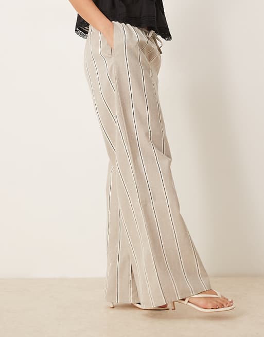 ASOS DESIGN Tailored Linen Look Wide Leg Pull On Trousers In Taupe Stripe
