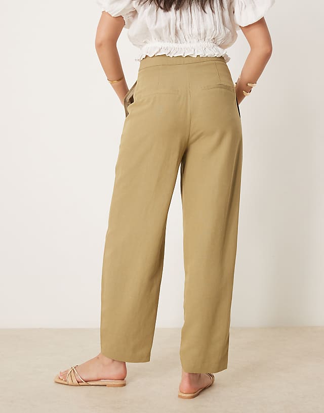 ASOS DESIGN Tailored Linen Trousers With Multi Way Tab Hem In Khaki