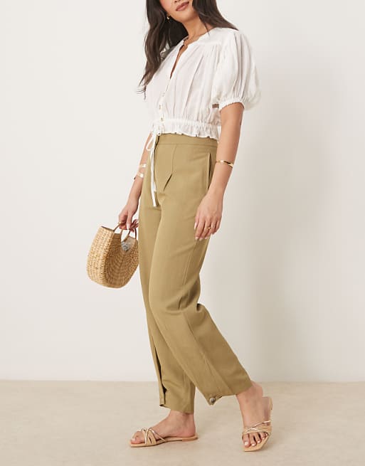 ASOS DESIGN Tailored Linen Trousers With Multi Way Tab Hem In Khaki