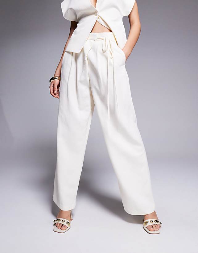 ASOS DESIGN Tailored Linen Wrap Tie Trousers Co-ord In Ivory
