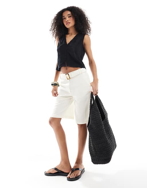 ASOS DESIGN tailored longline belted city shorts with linen in white