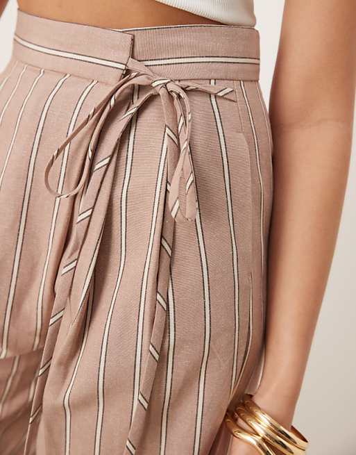 ASOS DESIGN Tailored Wrap Tie Trousers With Linen In Mink Stripe