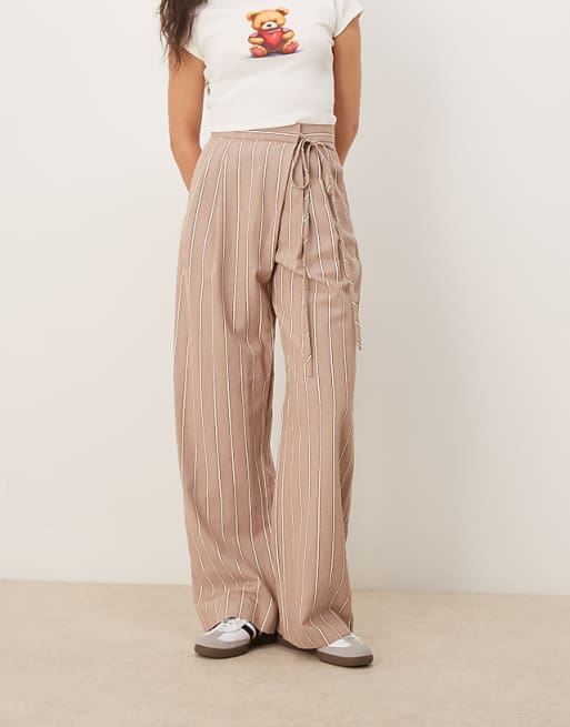 ASOS DESIGN Tailored Wrap Tie Trousers With Linen In Mink Stripe