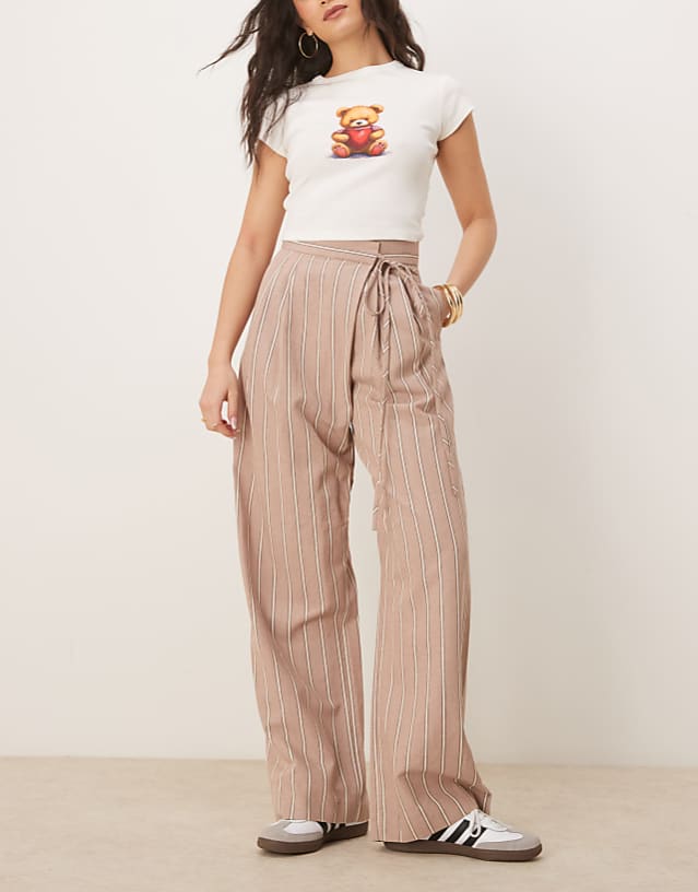 ASOS DESIGN tailored wrap tie trousers with linen in mink stripe