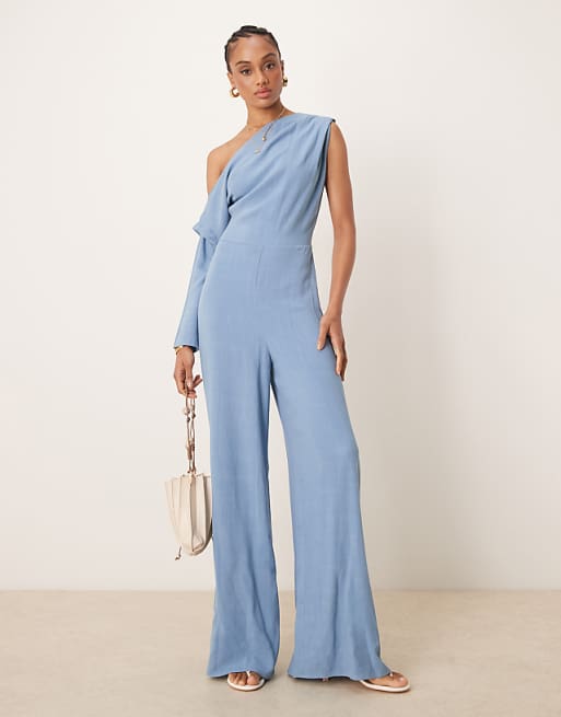 ASOS DESIGN Tall Linen Fallen Shoulder Jumpsuit In Faded Denim