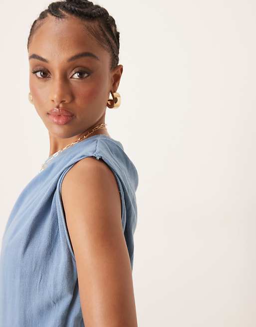 ASOS DESIGN Tall Linen Fallen Shoulder Jumpsuit In Faded Denim