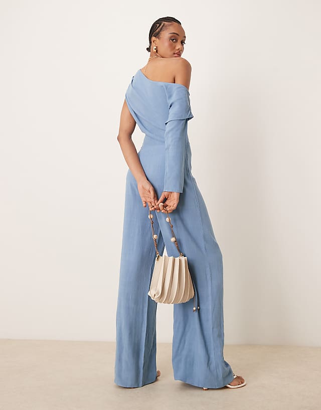 ASOS DESIGN Tall Linen Fallen Shoulder Jumpsuit In Faded Denim