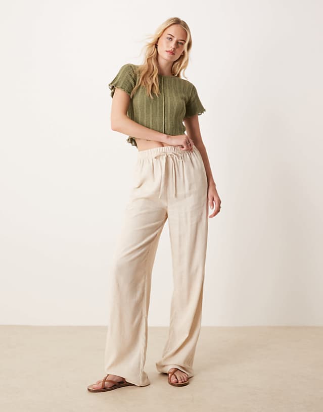 ASOS DESIGN Tall linen look pull on trousers in stone