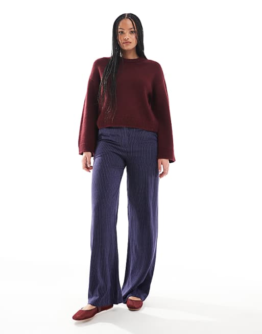 ASOS DESIGN Tall relaxed straight leg trousers with linen in navy stripe