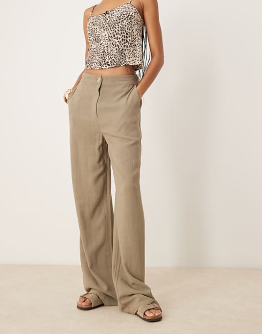 ASOS DESIGN Tall Relaxed Straight Leg Trousers With Linen In Khaki