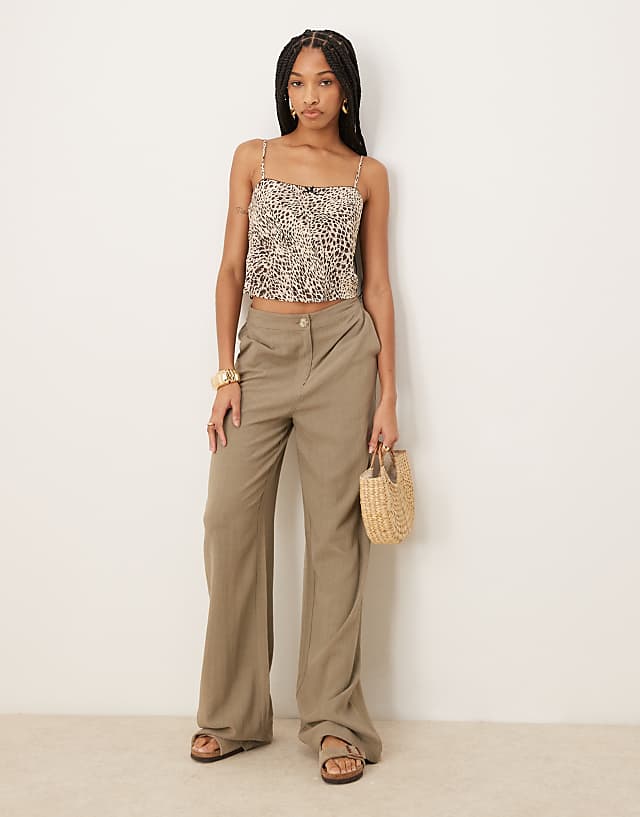 ASOS DESIGN Tall relaxed straight leg trousers with linen in khaki