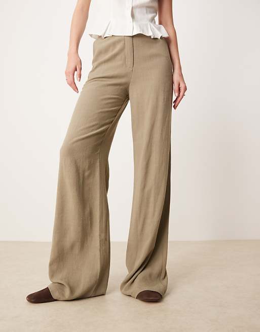 ASOS DESIGN Tall Relaxed Straight Leg Trousers With Linen In Khaki