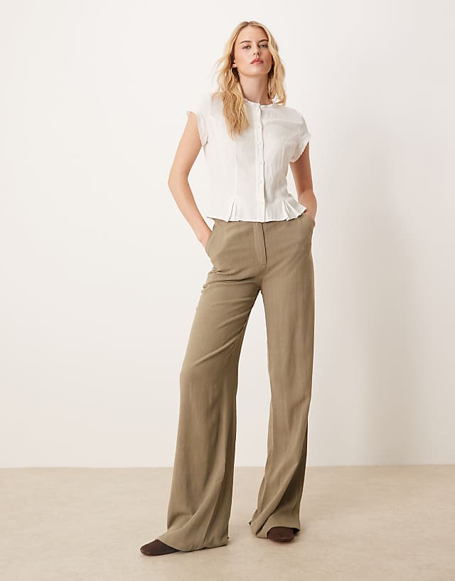 ASOS DESIGN Tall relaxed straight leg trousers with linen in khaki