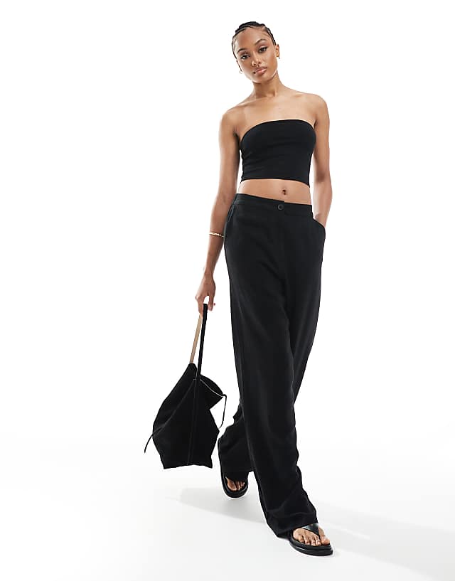 ASOS DESIGN Tall relaxed straight leg trousers with linen in black