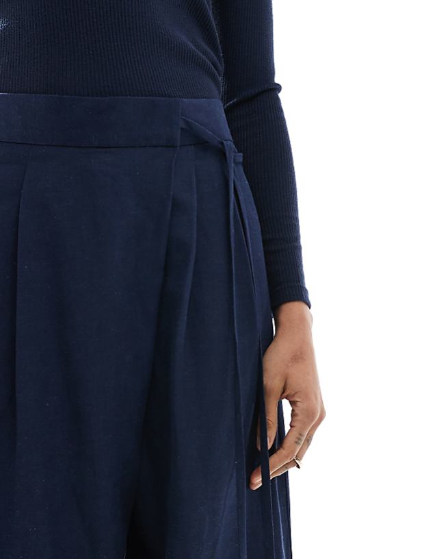 ASOS DESIGN Tall Tailored Wrap Tie Trousers With Linen In Navy