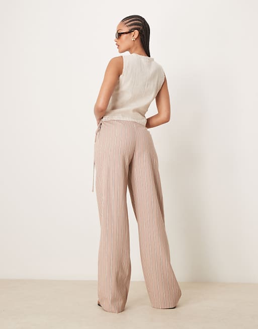 ASOS DESIGN Tall Tailored Wrap Tie Trousers With Linen In Mink Stripe