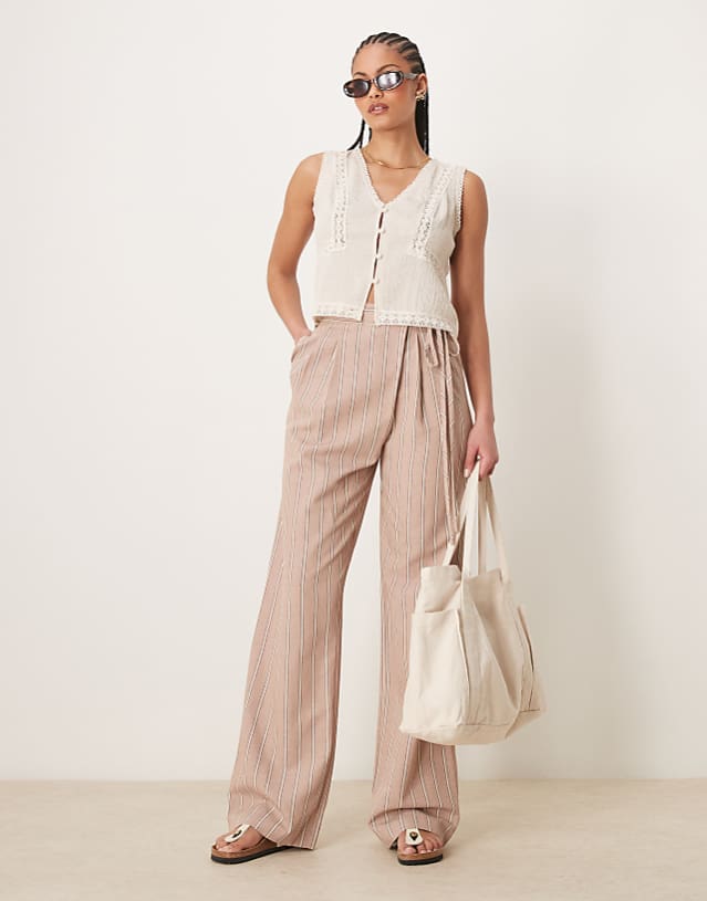 ASOS DESIGN Tall tailored wrap tie trousers with linen in mink stripe