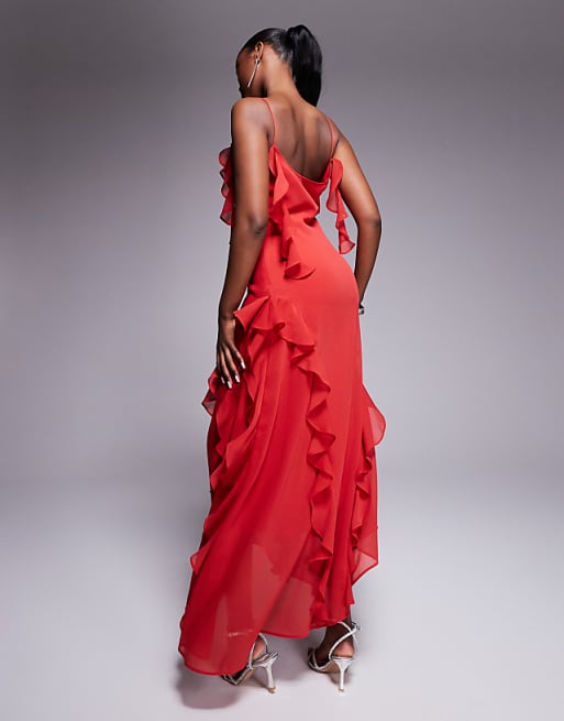 ASOS DESIGN Textured Chiffon Maxi Dress With Trailing Ruffles In Red