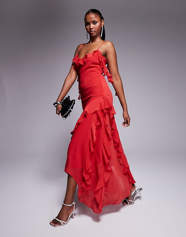 ASOS DESIGN textured chiffon maxi dress with trailing ruffles in red