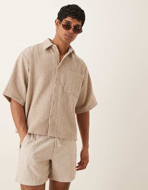 ASOS DESIGN Textured Half Sleeve Shirt In Hessian
