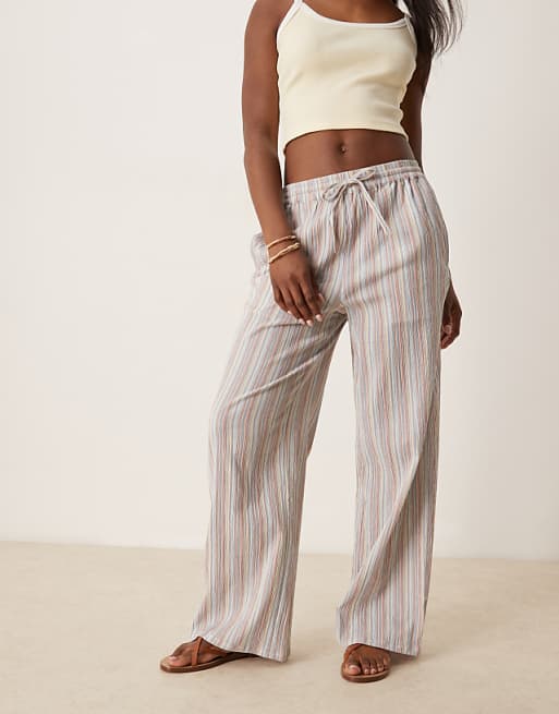 ASOS DESIGN Textured Linen Look Wide Leg Pull On Trousers In Multi Stripe