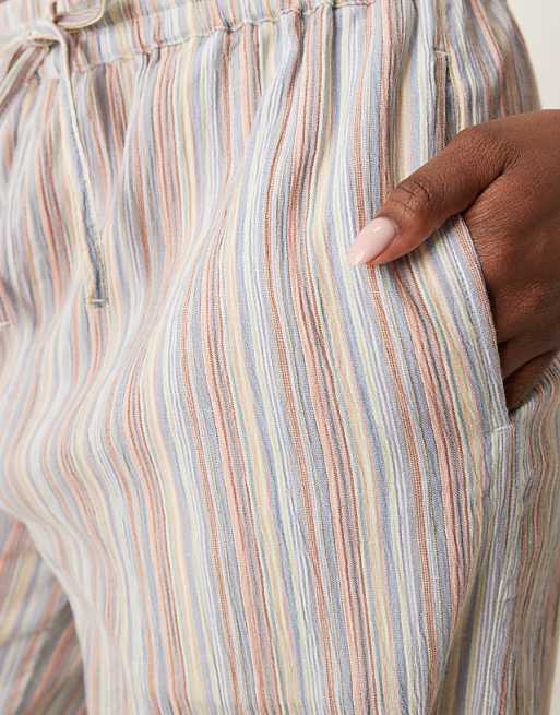 ASOS DESIGN Textured Linen Look Wide Leg Pull On Trousers In Multi Stripe