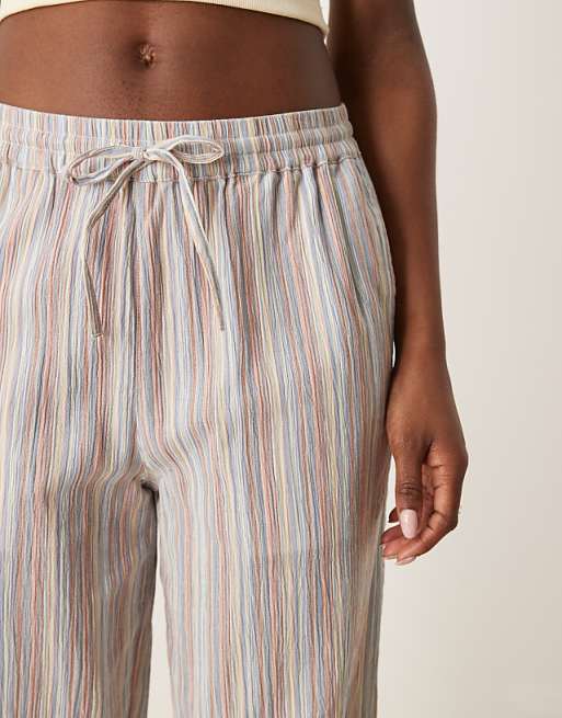 ASOS DESIGN Textured Linen Look Wide Leg Pull On Trousers In Multi Stripe