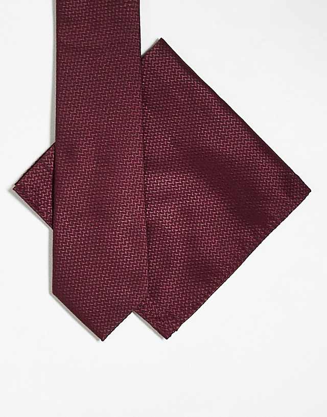ASOS DESIGN textured tie and pocket square in burgundy