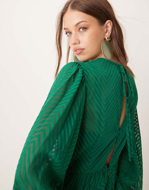 ASOS DESIGN Tie Back Fluted Sleeve Pleated Chevron Chiffon Midi Dress In Green