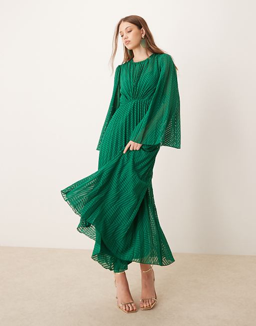 ASOS DESIGN Tie Back Fluted Sleeve Pleated Chevron Chiffon Midi Dress In Green
