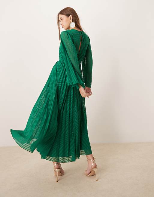 ASOS DESIGN Tie Back Fluted Sleeve Pleated Chevron Chiffon Midi Dress In Green
