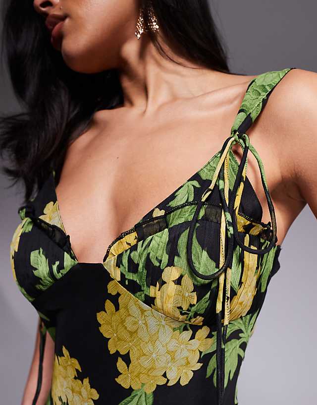 ASOS DESIGN Tie Detail Corset Bias Maxi Dress With Frills In Black Based Floral Print