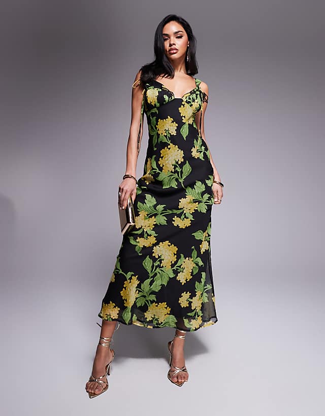 ASOS DESIGN tie detail corset bias maxi dress with frills in black based floral print