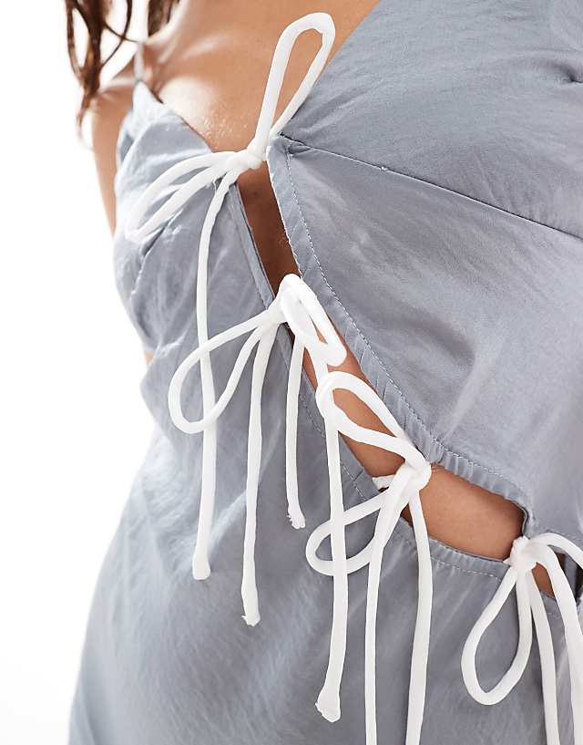 ASOS DESIGN Tie Up Cut Out Strappy Satin Midi Dress In Grey